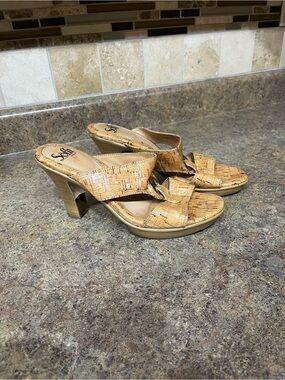 Söfft Women’s Size 8M Cork Platform Slide Sandals Tan Heels Leather Lined Boho
